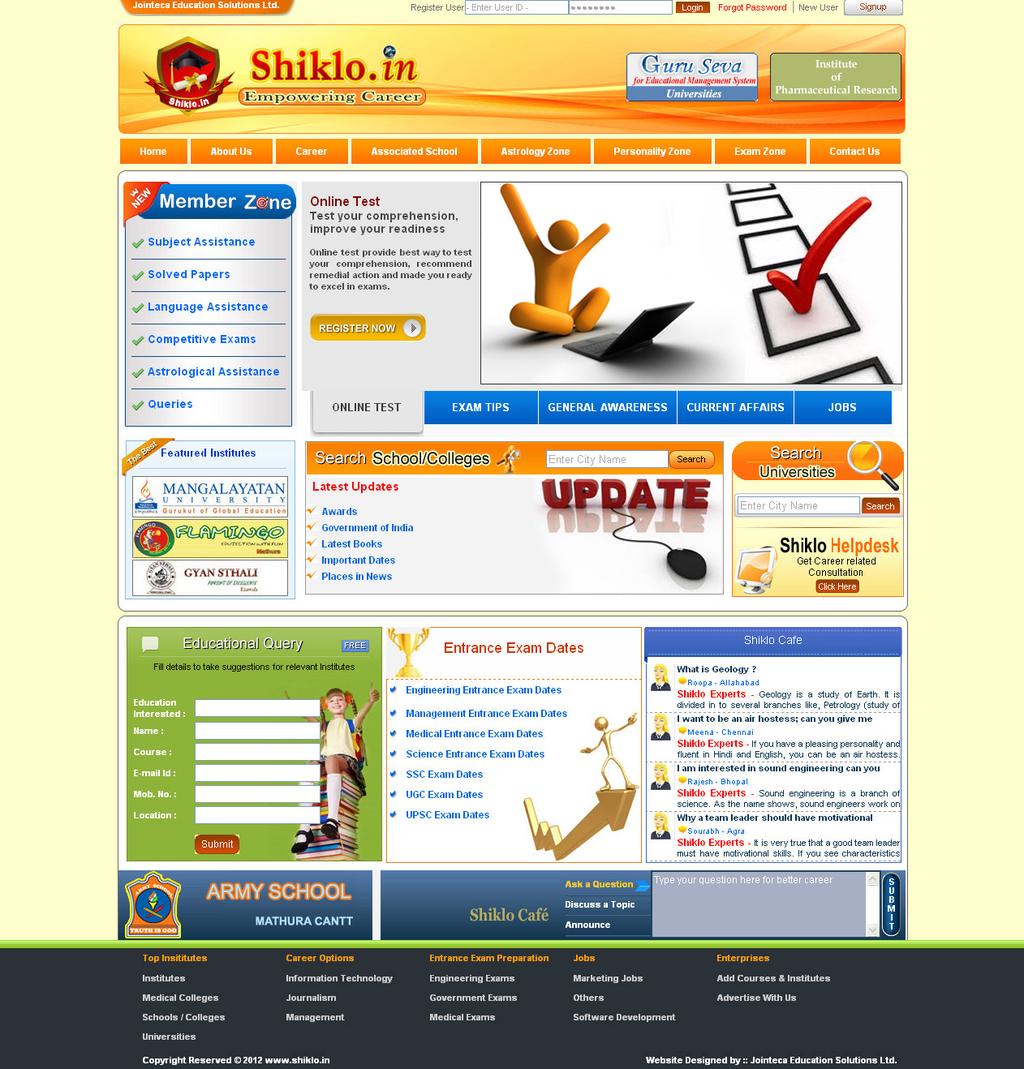 Services B2B Educational Portal - (www.shiklo.in) We provide online education and home work solution for students through our Online Educational Portal www.shiklo.in. This solution is addressing the students not only at primary and secondary level but also at the professional level.