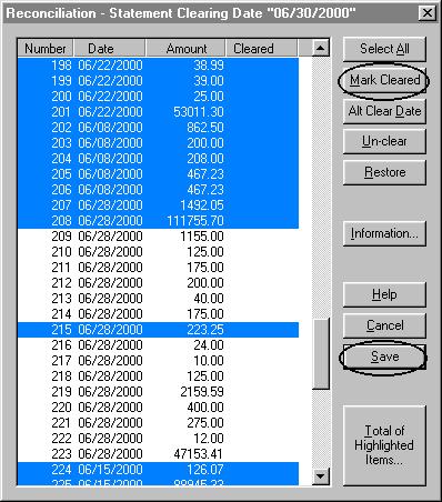 9. Once all transactions have been selected, choose Mark Cleared. The cleared date specified in the reconciliation criteria appears in the Cleared column for each selected transaction.