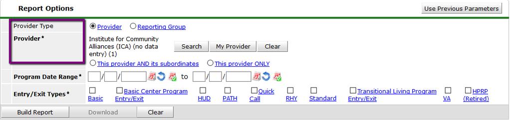4. Once you choose your Provider, the radio button should default to This provider ONLY. *If you need to run your APR for multiple providers, please email the MN HMIS Helpdesk at mnhmis@icalliances.