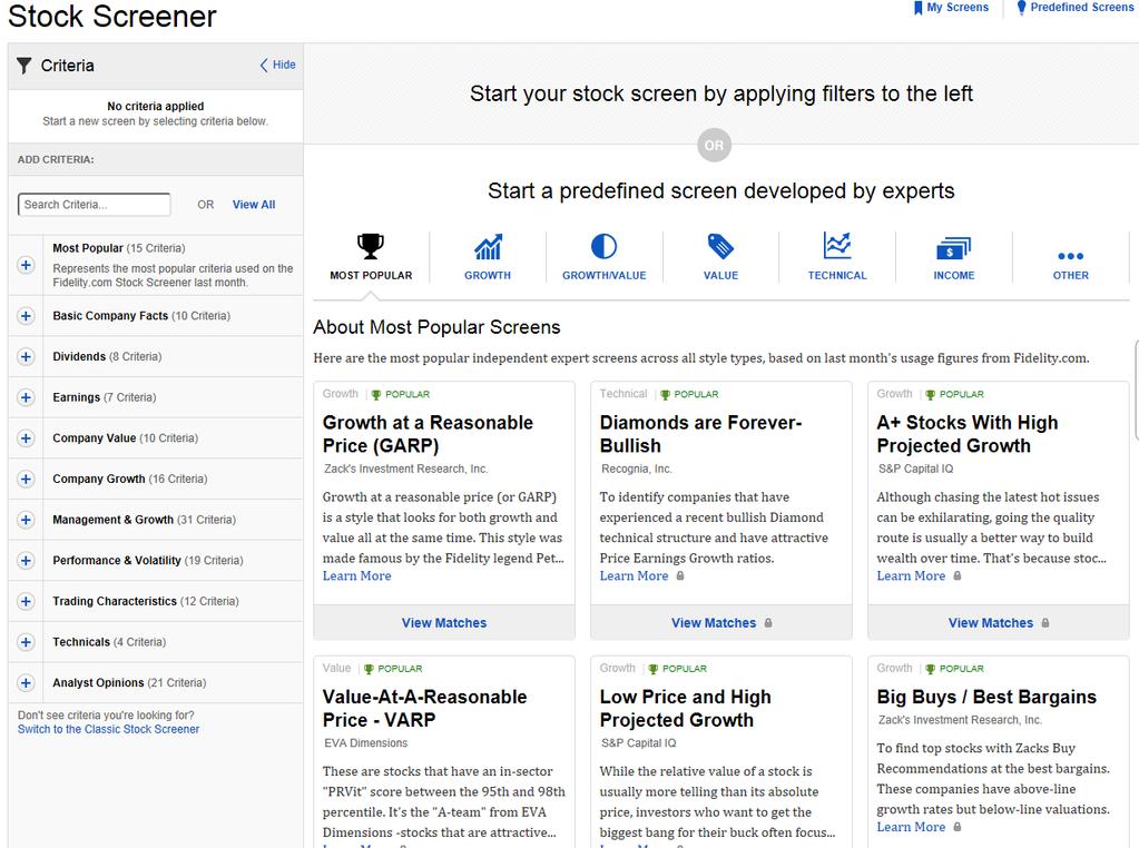 Stock Screener A great resource to help you easily match your