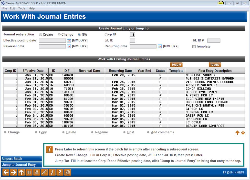 CREATE/POST GL JOURNAL ENTRIES Create/Post GL Journal Entries (Tool #61) PL in the ID column identifies this as a participation loan batch.