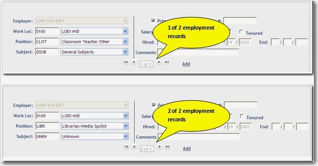 When adding another employer, the position and subject are automatically copied from the first employer to the second employer.