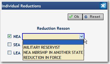 INDIVIDUAL REDUCTION A reduction is a special dues waiver that is in effect for a specific period of time. Some examples of dues reductions are: Military Reservist, Legal Services, Organizing Local.