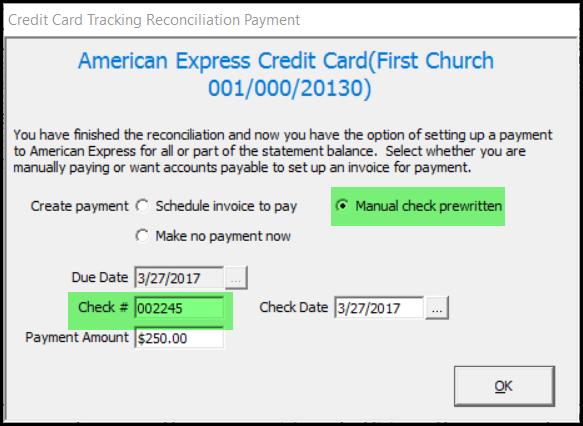 o Manual check prewritten creates a manual check invoice using the check number that you enter in the Check # field and the amount in the Payment Amount field, and then places the invoice in Accounts