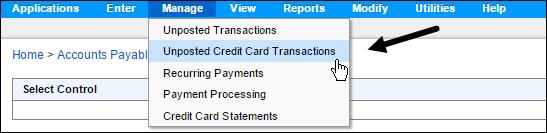 Manage Unposted Credit Card Transactions Under Manage >