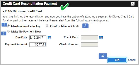 On the Credit Card Reconciliation Payment page you have the option of setting up a payment to the selected credit card for all or part of the statement ending balance. 1.
