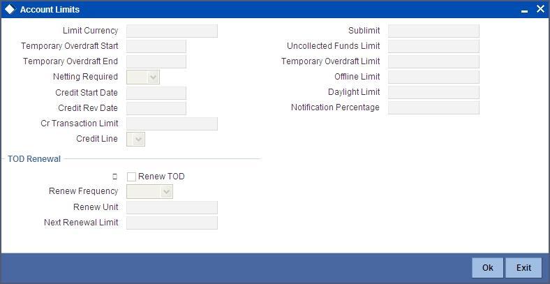 To specify the credit line details, click the Limits button and invoke the Account Limits screen will be displayed.