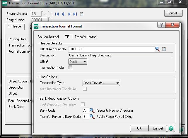 TIP: In Version 4.x and later use a transfer journal in G/L Transaction journal entry to transfer between bank accounts.