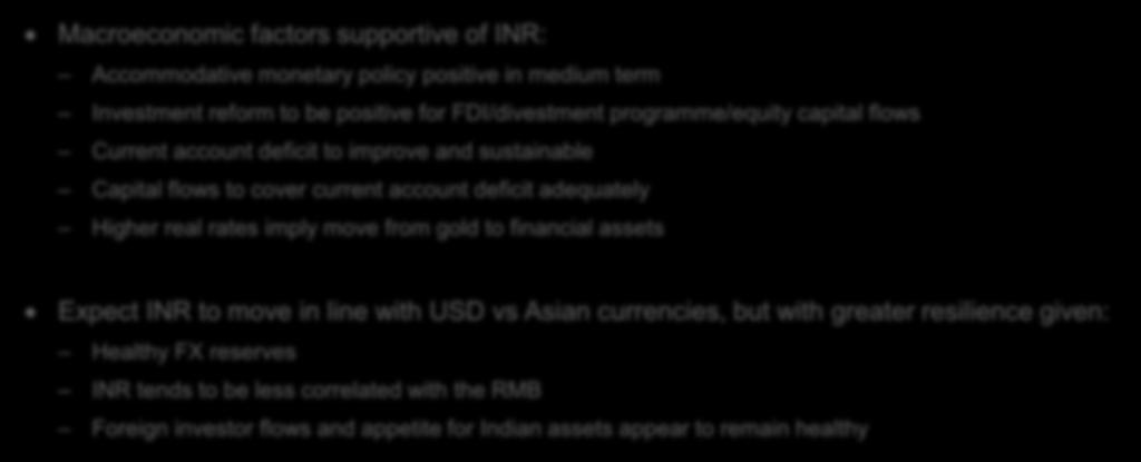 Currency view Expect a rangebound rupee in the medium term Macroeconomic factors supportive of INR: Accommodative monetary policy positive in medium term Investment reform to be positive for