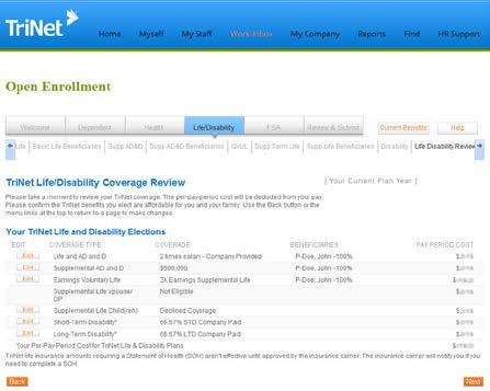 Step 19 Review Life and Disability Coverage This page provides an opportunity to confirm that you ve elected the TriNet life and disability options you want, at the coverage levels you need*.