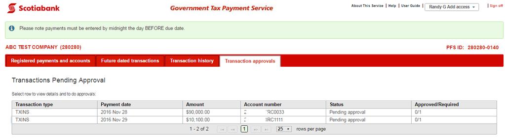 The user with appropriate approvals will see transactions pending their approvals when they log into the interface