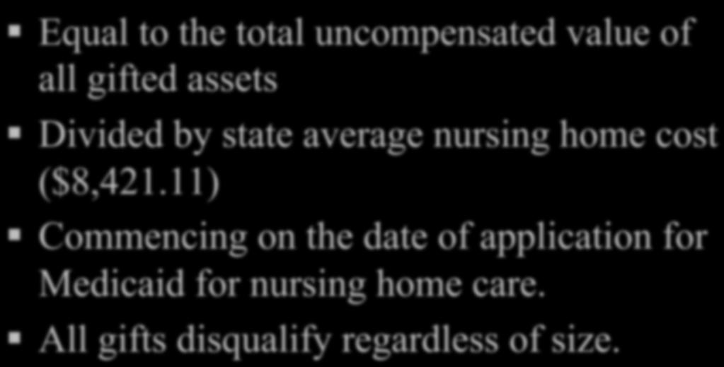 . Period of Disqualification: Equal to the total uncompensated value of all gifted assets Divided by state average nursing home
