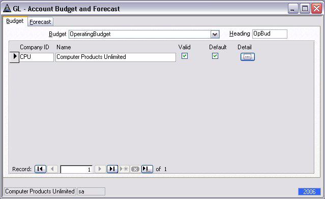 Account Budgets and Forecasts Screen 3. To work with budgets select the Budget tab. 4. To create a new budget, click the New Record button on the toolbar. A blank budget field is displayed. 5.
