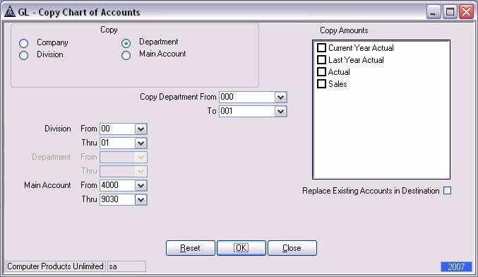 clearing step consolidate-to account number consolidation step If the company you are copying to has a chart of accounts, you can replace accounts with the same numbers or leave the accounts