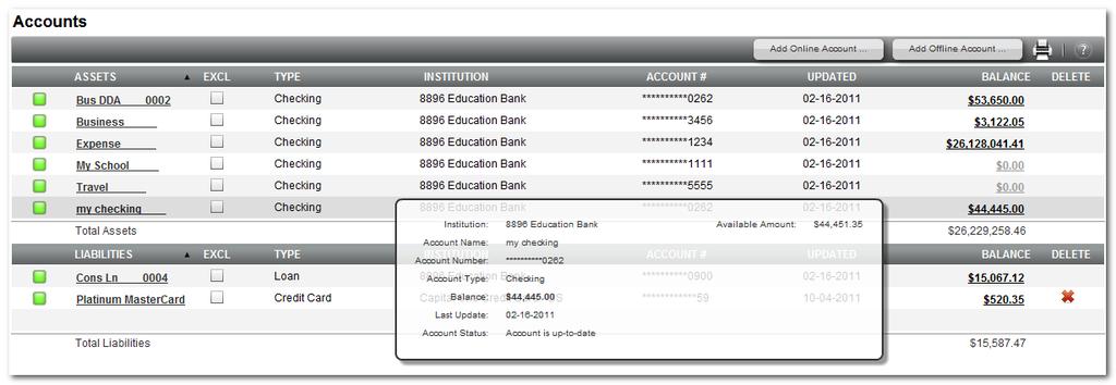 ACCOUNTS Displays your account information by assets and liabilities. All accounts that belong to USSFCU (internal accounts) are automatically included and updated.