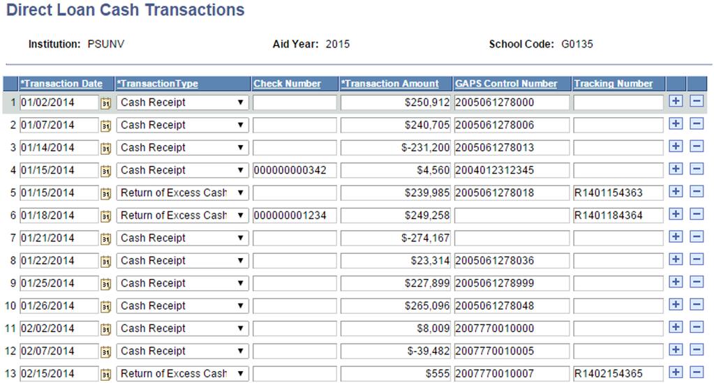 Entering Institutional Data for Cash Transactions Access the Direct Loan Cash Transactions page (Financial Aid, Loans, DL School Account Summary, Manage DL Cash Transactions, Direct Loan Cash