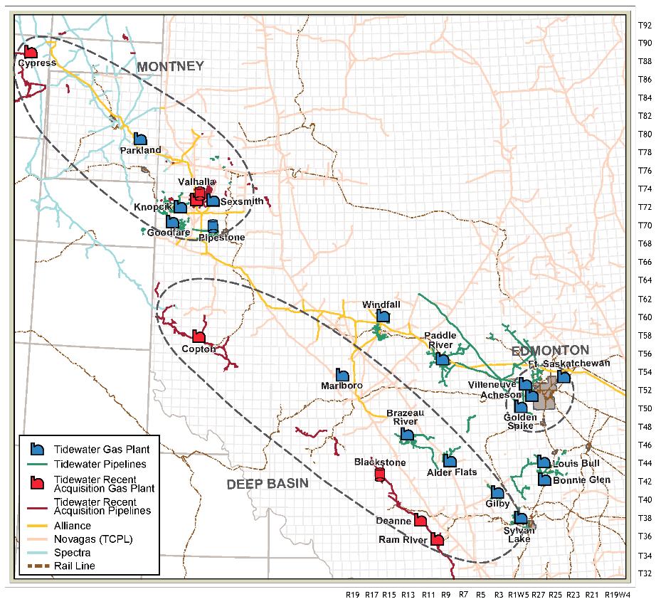 Overview of Acquired Assets The Acquisitions create a strategic backbone pipeline network providing connectivity between Tidewater s Montney and Deep Basin core areas The transaction is expected to