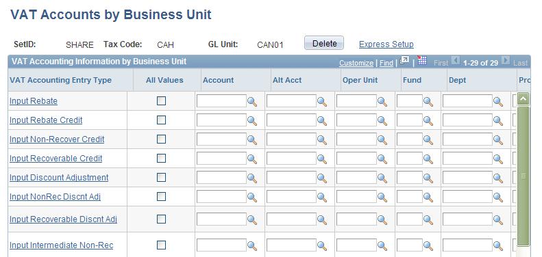 Working with VAT Chapter 5 VAT Accounts by Business Unit page Delete Click to delete all entries for this combination of general ledger business unit and VAT code.