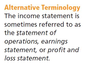 Financial Statements Income Statement Reports the revenues and expenses for a specific period of time.