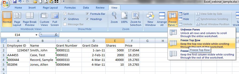 Splitting and Freezing 9 A few more random tips Text to Columns Easy to separate combined data Easy to change