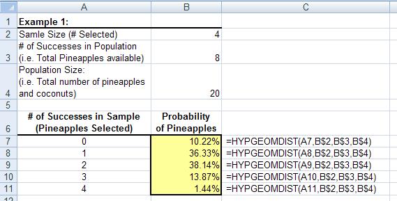 =HyperGeomDist( # of Successes in Sample,,, ) Sample Size # of Successes in Pop. Total Pop.