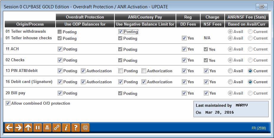 The configuration for current-versus-available balance is configured on the Overdraft Protection/ANR Activation screen which is accessed via Tool #558 NSF/ODP Transfer Configuration, then ODP