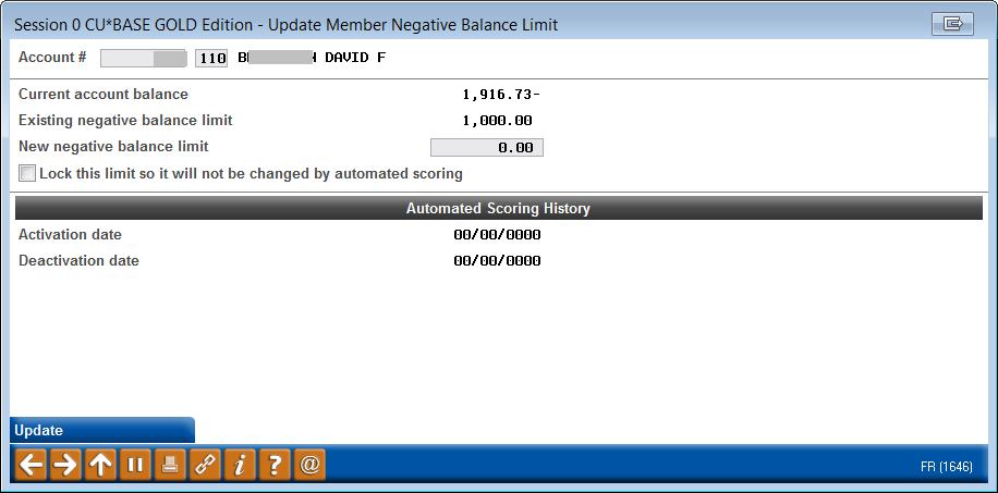 Updating or Setting a Member s Negative Balance Limit This screen appears from the Share Draft Exceptions and Work Collections screen using Change Neg Balance (shown previously) CU*TIP: The