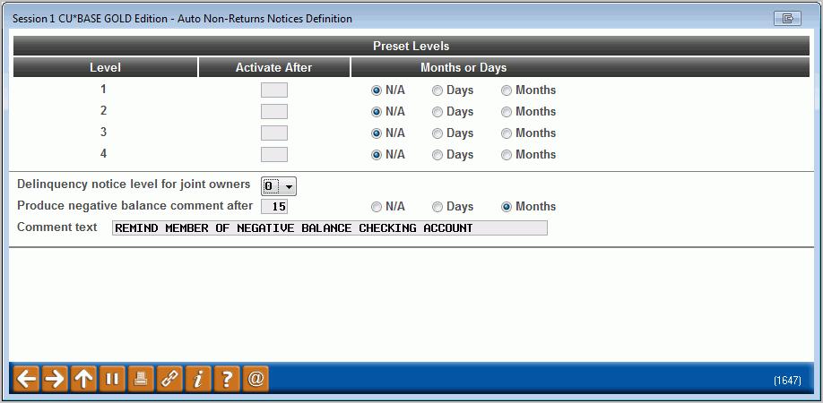 CONFIGURING ANR NOTICE SETTINGS ANR/Negative Balance Notice Config (Tool #133) This screen lets you define when notices should be generated for members whose checking accounts have gone negative as