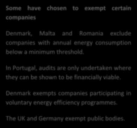 to comply with auditing legislation. Some have chosen to exempt certain companies Denmark, Malta and Romania exclude companies with annual energy consumption below a minimum threshold.