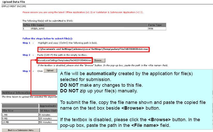 table. 2. Browse/choose the indicated xxxxx.iras file for submission to IRAS. 3. Click to submit the file to IRAS. Successful Upload 1.