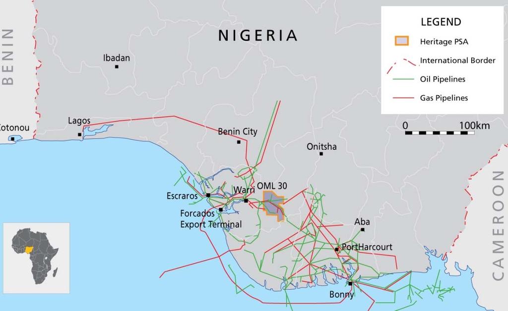 OML 30, NIGERIA 45% interest in OML 30 through Shoreline Natural Resources Limited ( Shoreline ) 1 Onshore Nigeria, located less than 50 kilometres east of Warri Lease covers 1,097 square kilometres