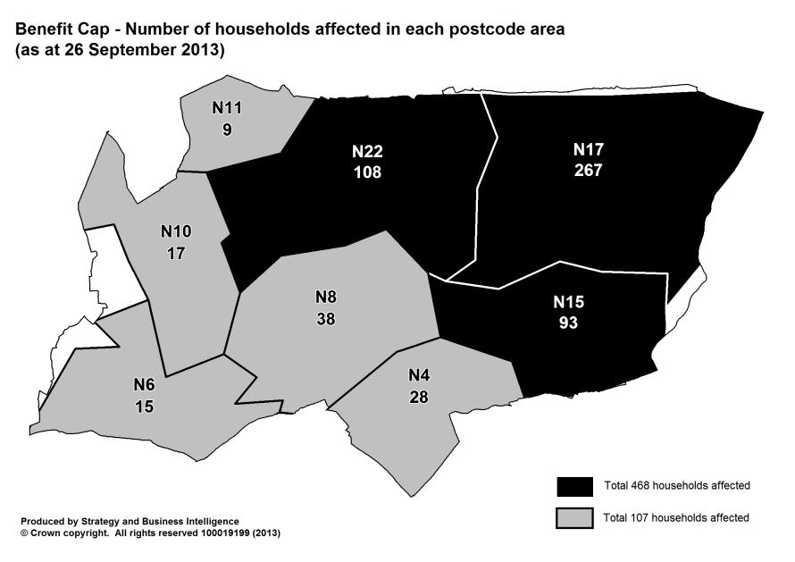 Number of households Concentrations of capped households by postcode area Of the 747 households capped: 333 (45%) lived in private rented accommodation 319 (43%) lived in temporary accommodation 57