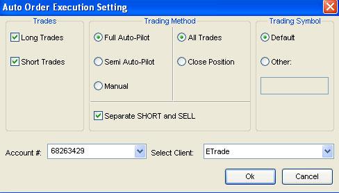 Select Trading Method as Full Auto Pilot mode Check the box Separate SHORT and SELL (for stocks only, for futures or forex you don t need check this box) For Trading Symbol, use Default for stock