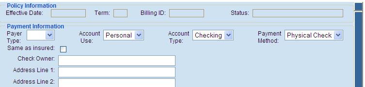 SAMPLE ECHECK PAYMENT SCREEN Select Payer Type, Account Use (Personal or Business), Account Type (Checking or Savings) Select Payment Method ** Physical Check= Actual