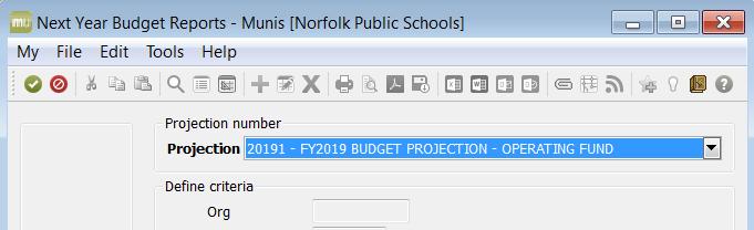 3. From the Drop Down list, choose your projection number (20181 FY2018 BUDGET PROJECTION and/or 20191 FY2019 BUDGET PROJECTION) for the reports to be created and click Accept on the toolbar. 4.