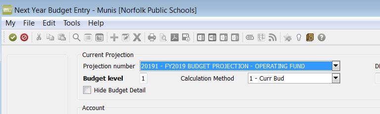 straight to the GL Segment Find screen #3): Field Action or Description Projection number Select 20191 FY2019 BUDGET PROJECTION Budget level Department users only have access to Level 1