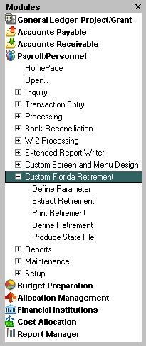 Blackbaud FundWare Custom Florida Retirement Programs Guide The Custom Florida Retirement tasks are part of the Payroll/Personnel module and are accessed from the Payroll/Personnel menu (Figure 1.1).