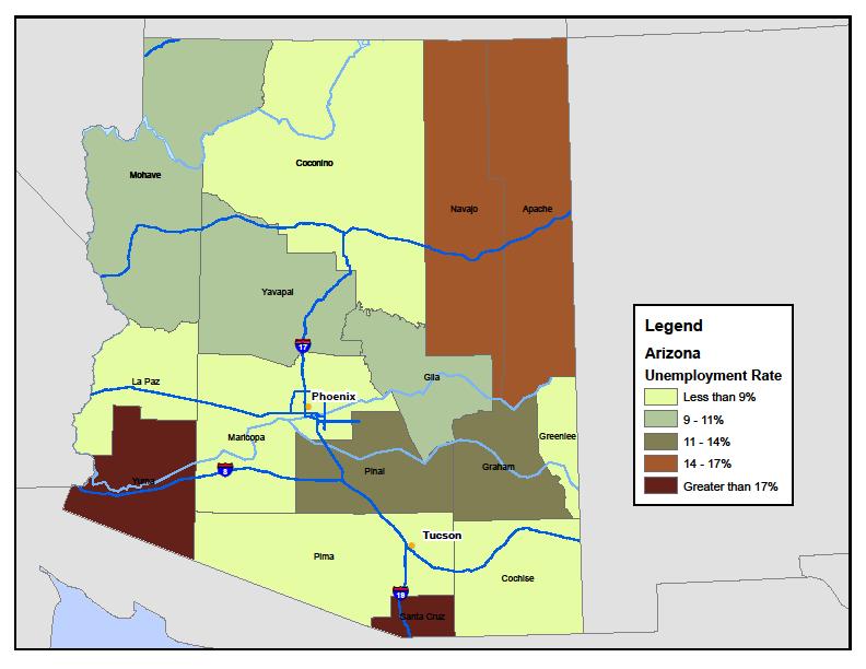 Unemployment rates in Arizona vary by county