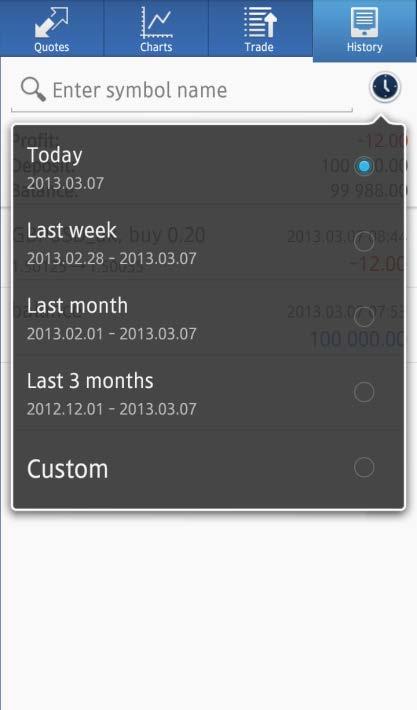 History Screen History Screen display your transaction history, deposit and withdrawal, closed orders, etc. Press button to select the period you want to be displayed.