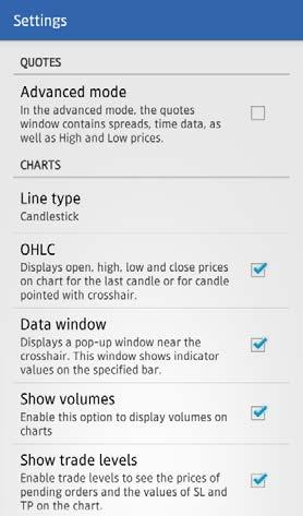 Charts Screen To display charts, press [Charts] button, and you will move to Charts screen. You can use 3 types of charts on AndroidMT4: candle chart, bar chart, and line chart.