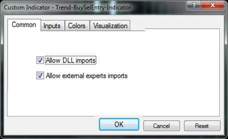 Then you will get the Indicator property window (shown in the figure down). Tick on Allow DLL imports and then click on OK button.