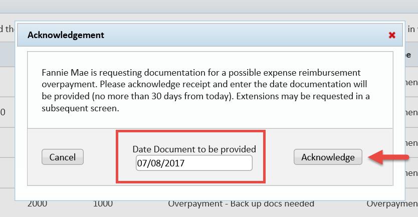 Enter the date the document is to be sent back to Fannie Mae and click Acknowledge.