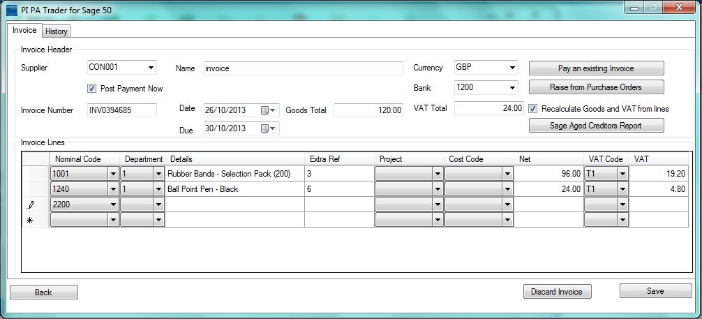 Raise from Purchase Orders This allows you to raise Invoices for payment for Purchase orders and post them to Sage 50.