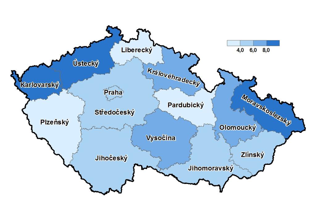 Map 1 Material deprivation rate (%) in the Czech regions (NUTS3), CR, 213 When we look at the material deprivation rate in the Czech regions, we can see that the highest material deprivation rate was