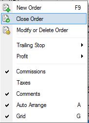 Close a Position In order to close a position, highlight the trade in the "Trade" tab of the "Terminal" window and right click to obtain the context menu.
