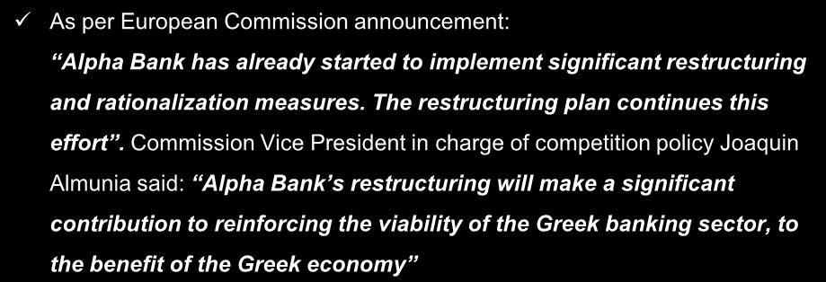 Alpha Bank s Restructuring Plan Key Facts Key Principles * All Greek systemic banks under obligation to submit restructuring plans to the European Commission as they have been recipients of state aid