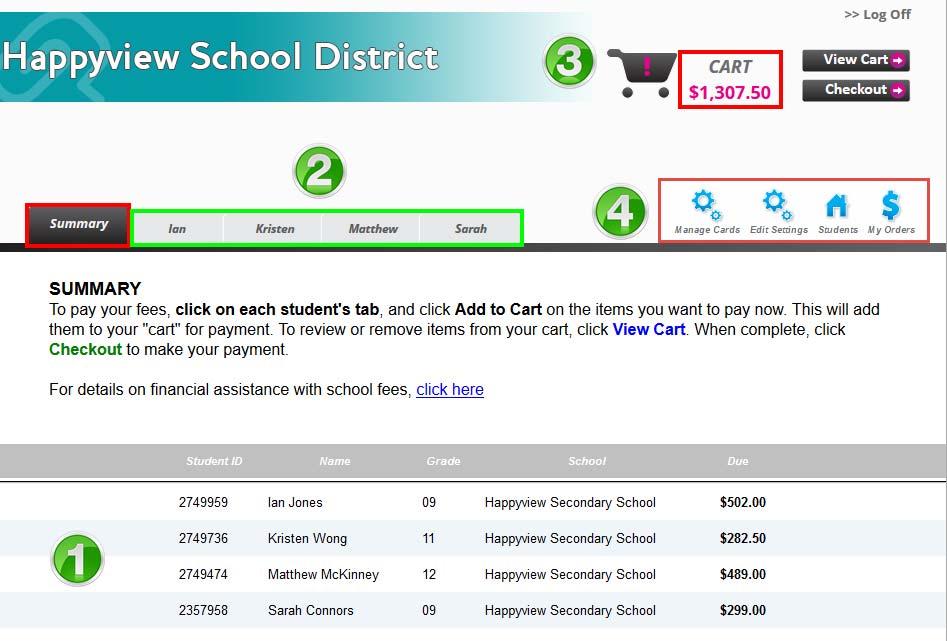 Understanding the Fee Summary Page 1. After adding all students, you will be brought to a Summary Page that displays the outstanding balance for each student attached to your parent account. 2.