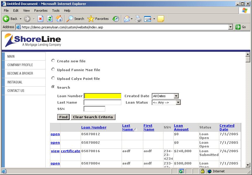 Figure 19: Search Results You can sort search results by loan number, last name, first name, loan amount or created date, simply by clicking on the corresponding column header.