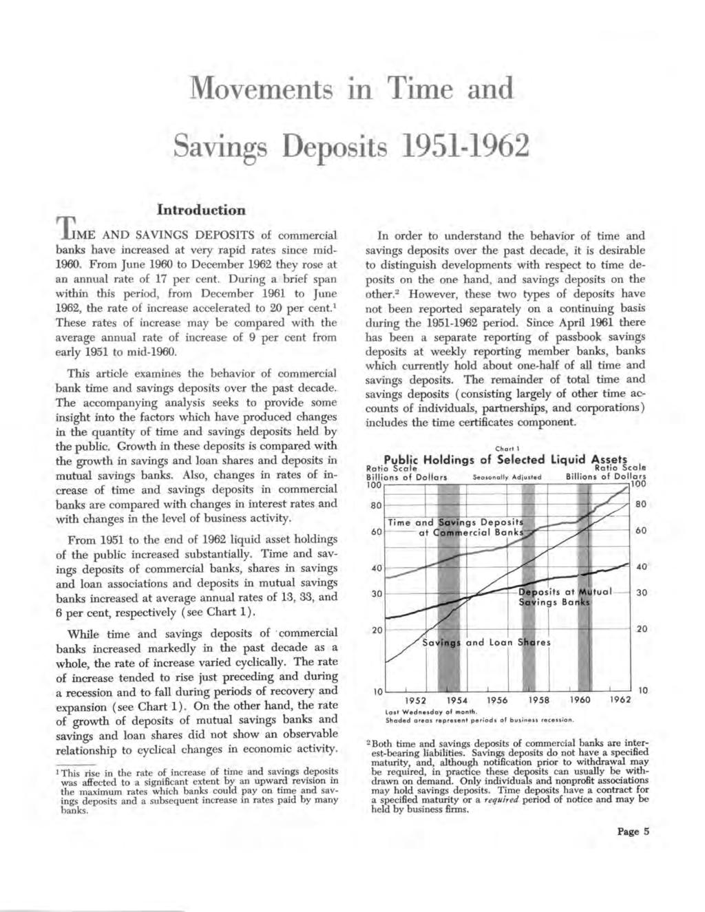 Movements in Time and Savings Deposits 1951-1962 Introduction T i m e A N D S A V IN G S D E P O S IT S of commercial banks have increased at very rapid rates since mid- 1960.