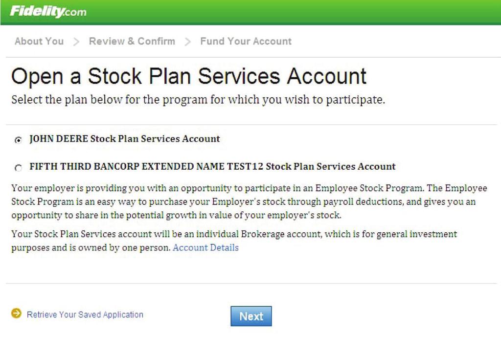 Theta Stock Plan Services Account Step 3 Open Your Account After you click Enroll, the Open a Stock Plan Services Account page will appear. Click Next.